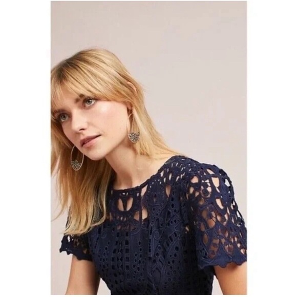 Anthropologie ERI + ALI Lattice Lace Navy Blue Fit N’ Flare Dress shortsleeve XS - Picture 5 of 16